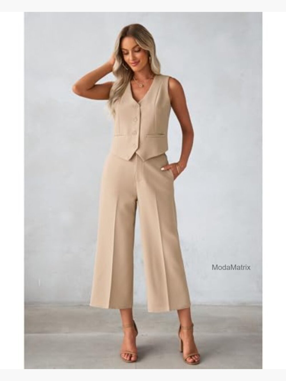 Sleeveless Blazer Vest and Wide Leg Capri Pants 2-Piece Work Outfit Set - Picture 6 of 7